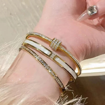 Elegant Gold Color Bangle With Sparkling Rhinestone Glamorous Stainless Steel Bracelet Women's Formal Dinners Jewelry