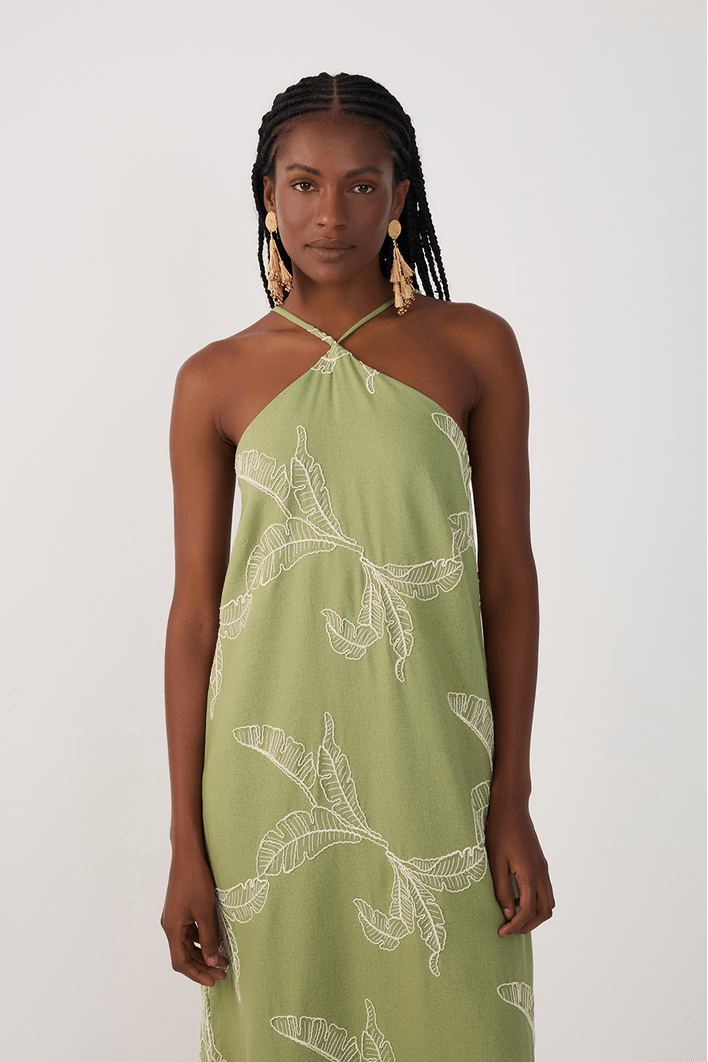 Vestido Cropped Linho Bordado Folhas