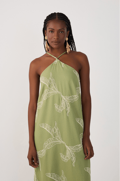 Vestido Cropped Linho Bordado Folhas