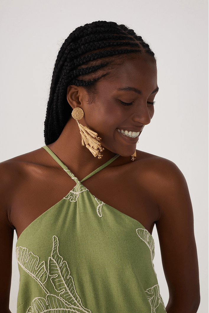 Vestido Cropped Linho Bordado Folhas